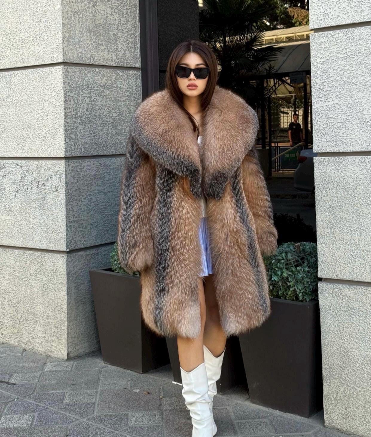 Luxury Long Fox Fur Coat, Women's Handmade Golden Frost Fur Jacket