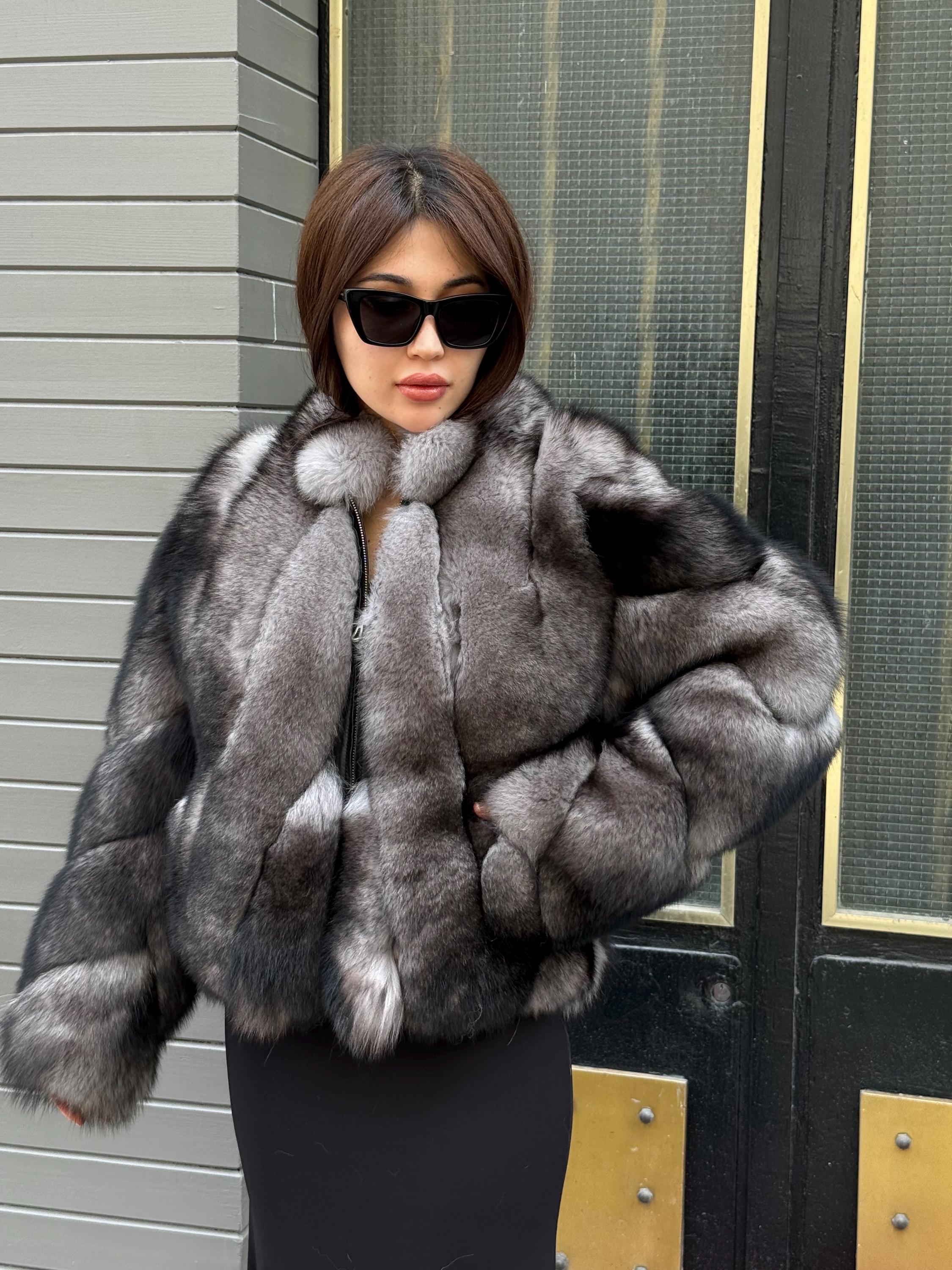 Women Handmade Luxury Fox Fur Jacket | In Beige- Gray Ombre Fox Fur Jacket | Natural Fox Fur Jacket | Luxury Fur Winter Outwear For Women
