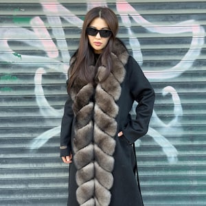 Handmade Black Alpaca Coat with Real Fox Fur – Long Luxury Winter Wool Jacket for Women – Elegant Fur Trim Outerwear - Alpaca Wool Coat