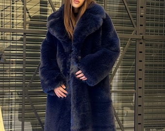 Navy Blue Faux Fur Coat | Shaggy Faux Fur Coat | Long Faux Fur