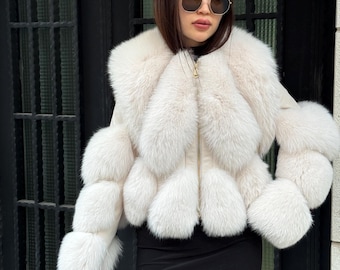Beige Fox Fur Jacket with Leather | Women’s Luxury Handmade Fur Coat