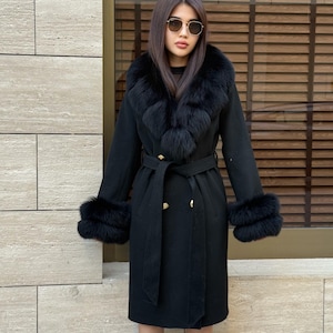 Black Luxury Cashmere Wool Coat with Real Fox Fur Collar and Cuffs – Handmade Elegant Belted Winter Coat for Women, Custom Long Warm Outwear