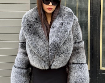 Chaqueta de piel de zorro gris para mujer / Abrigo de piel plateado recortado de lujo hecho a mano