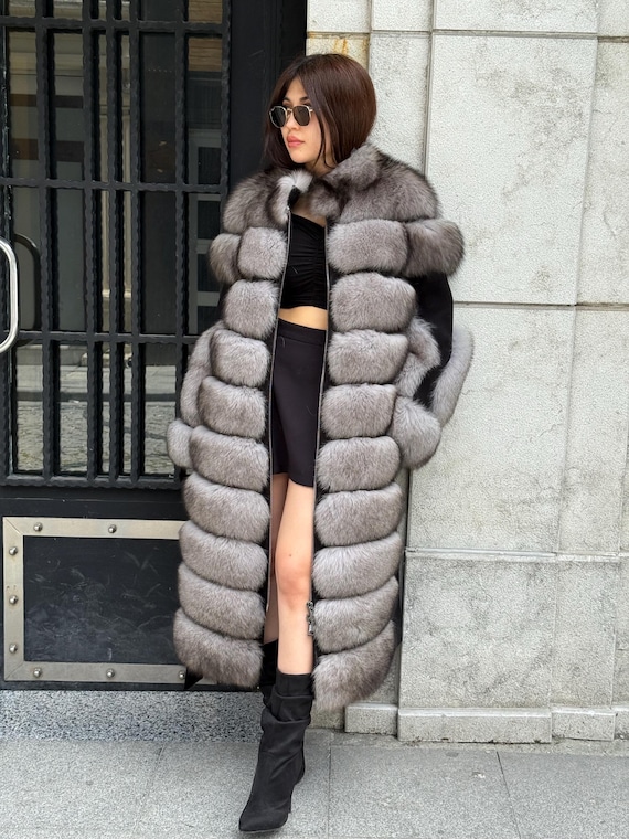 Graue Fuchspelzjacke für Damen, Luxus Hanmade Langer Kaschmir