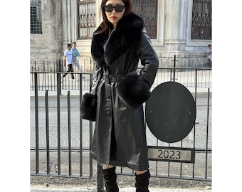 Handmade Black Leather Coat For Women, Collar Cuffs Fox Fur Long Coat