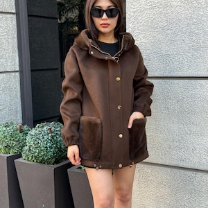 Luxury Zibellino Alpaca Wool Coat with Mink Fur | Handmade Women’s Short Hooded Jacket | Soft Warm Designer Outerwear | Brown Wool Jacket