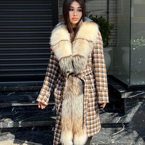 Houndstooth Handmade Luxury Women Alpaca Wool Coat Front Fox Fur | Tailored Elegant Outerwear | Soft Natural Alpaca Fabric