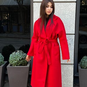 Red Handmade Women Alpaca Wool Coat | Natural Luxury Alpaca Wool Outwear | Soft Warm Handmade Women’s Outerwear | Zibellino Alpaca Long Coat