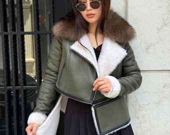 Khaki Shearling Coat Women | 2-in-1 Cropped & Full Sheepskin Jacket | Handmade Winter Fox Fur Collar Coat | Luxury Lamb Fur Transformer