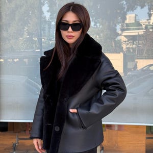 Premium Reversible Sheepskin Black Shearling Coat Women | Limited Edition Handmade 2-in-1 Shearling Fur Jacket | Luxury Winter Outerwear
