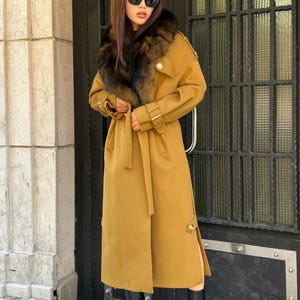 Mustard Cashmere Wool Coat with Fox Fur Collar | Handmade Long Belted Winter Coat | Luxury Women’s Warm Outerwear | Custom Fit Overcoat
