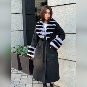 Black Handmade Women Alpaca Coat With Rex Fur | Luxury Wool Outwear | Soft Warm Natural Alpaca Wool Coat | All Colours Available