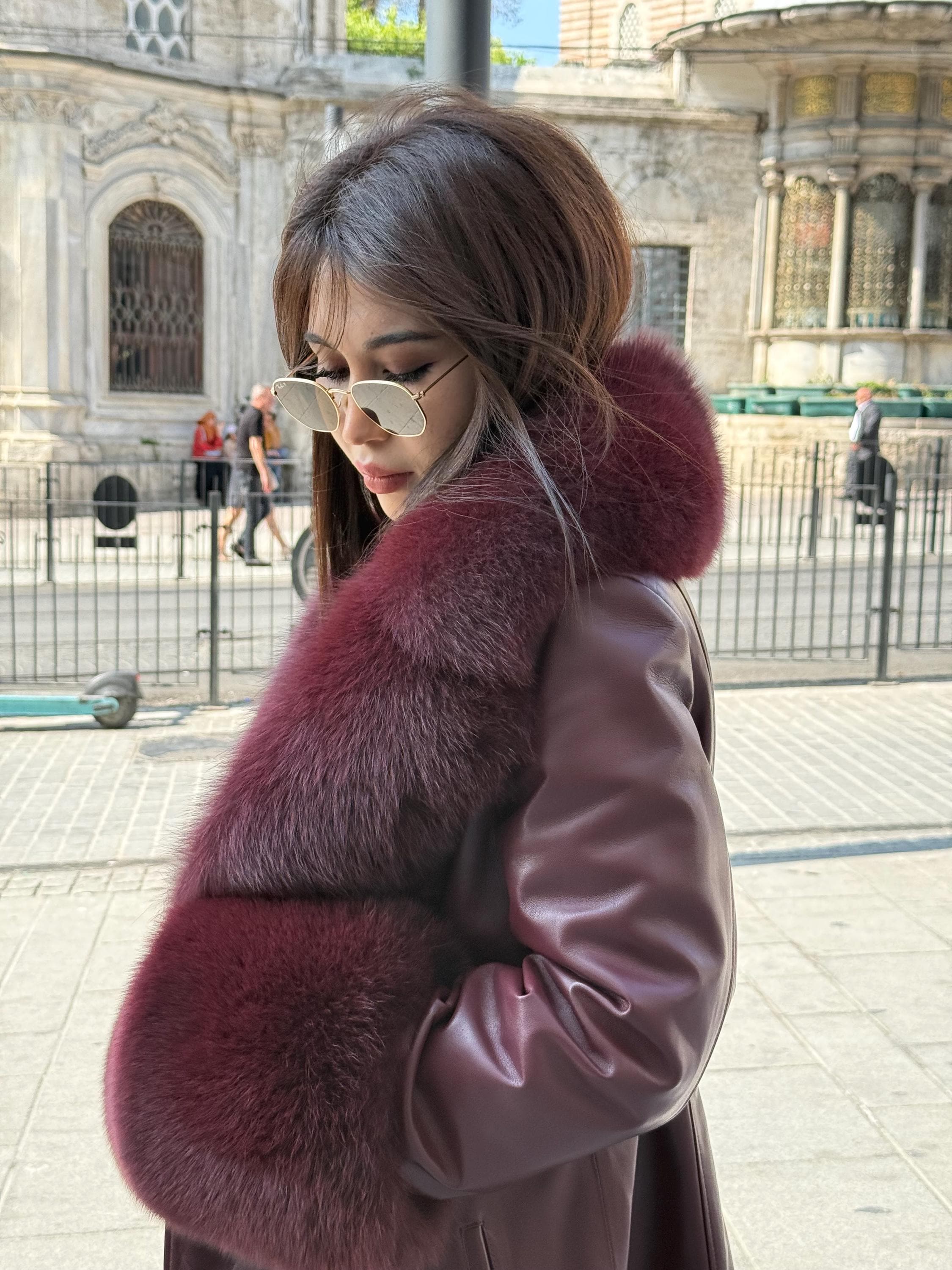 レディース バーガンディ レザージャケット、ハンドメイドカラー