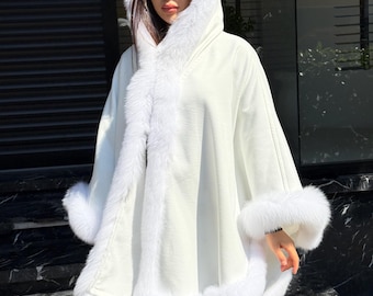 White Handmade Cashmere Cape with Real Fox Fur and Hood – Luxury Women’s Winter Wrap, Elegant Wool Shawl, Soft Designer Cloak