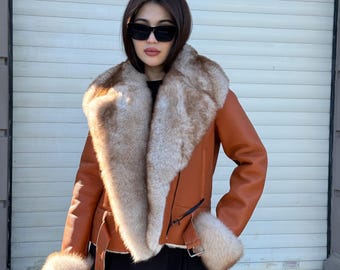 Women’s Whisky Brown Shearling Coat, Short Handmade Lambskin Front Fox Fur Jacket
