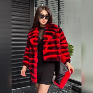 RED Luxury Handmade Women Chinchilla Pattern Rex Fur Long Coat | Soft Luxury Transformer Real Rex Fur Jacket Winter Outwear | Gift For Her
