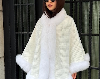 Crystal Embellished Fox Fur Bridal Poncho: Winter Wedding Cape