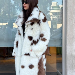 Reversible Sheepskin Shearling Coat: Handmade Cow Print Fur & Leather