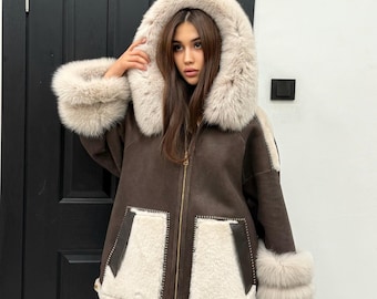 Brown & Beige Shearling Coat, Women’s Hood Cuffs Fox Fur Jacket | Women Lamb Fur Jacket