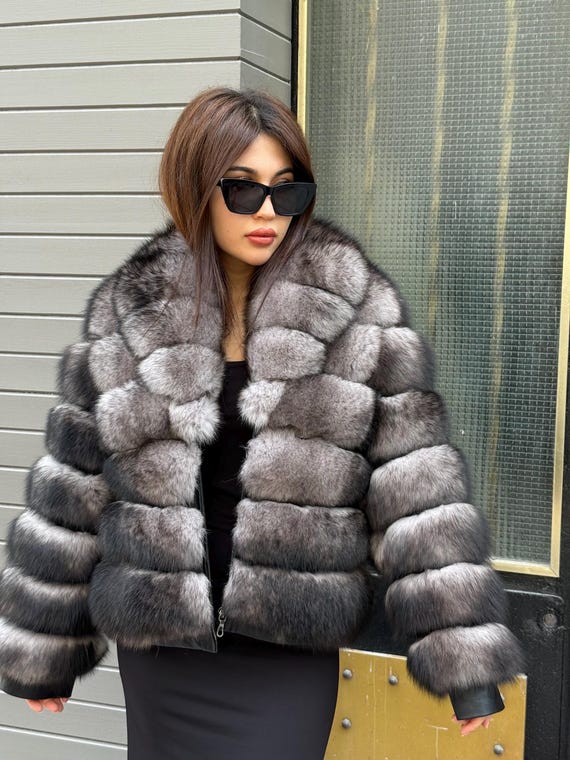 Fuchs Grauer Parka Mit Echtfell Grauer Frauen Handgemachter Luxus