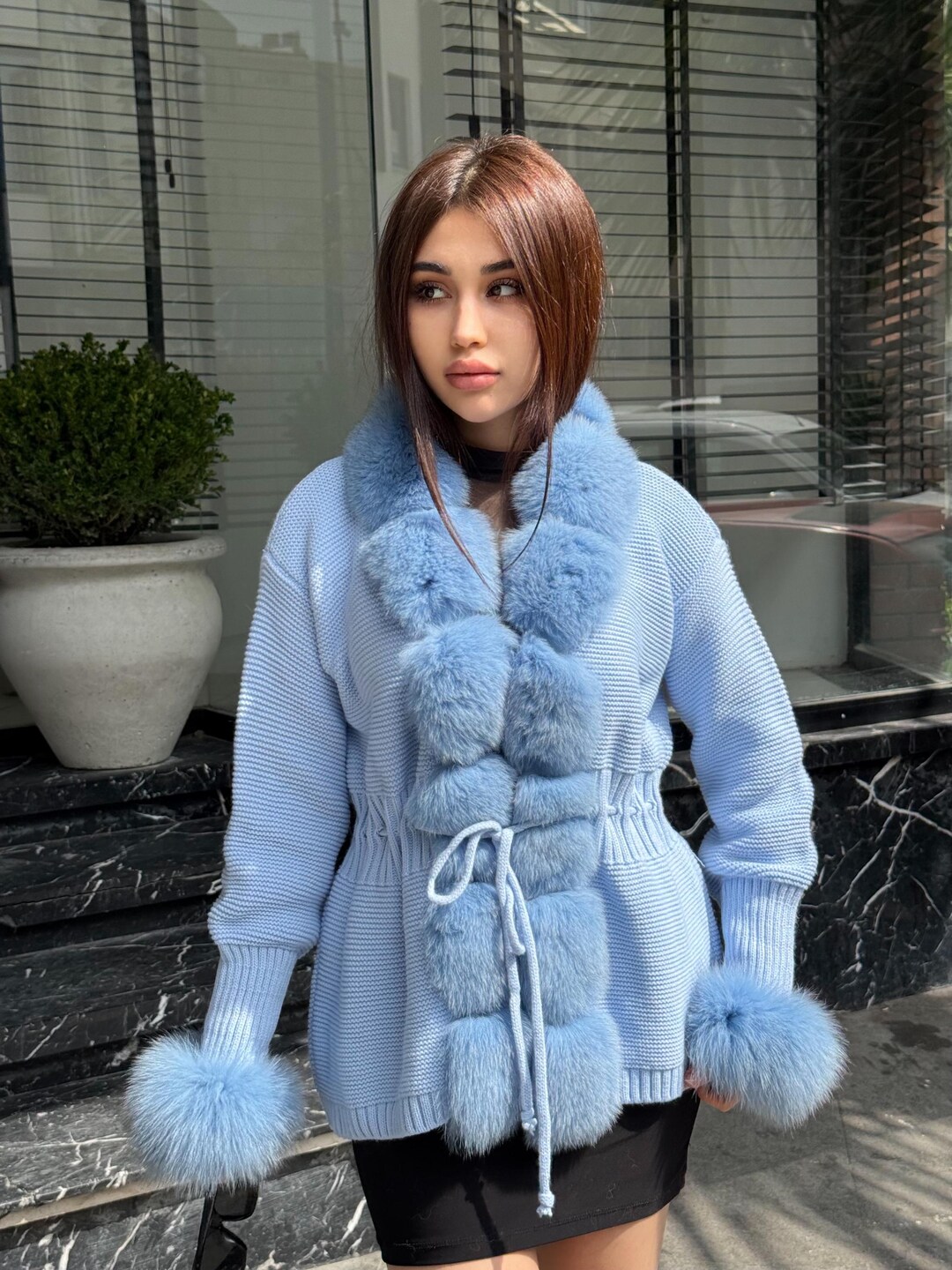 Sky Blue Handmade Women Luxury Knit Cardigan With Fox Fur Jacket
