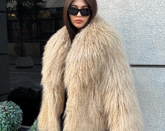 Camel Women Luxury Mongolian Sheepskin Tibetan Fur Coat | Handmade Winter Fluffy Lamb Fur Outerwear | Full Skin Shaggy Tibetan Fur Coat