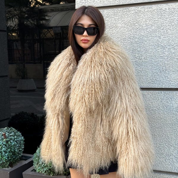 Luxury Camel Tibetan Fur Coat, Women Short Mongolian Lamb Fur Shaggy Jacket, Full Skin