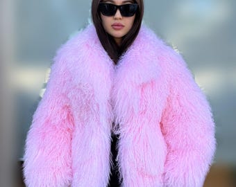 Sweet Pink Women Luxury Mongolian Sheepskin Tibetan Fur Coat | Handmade Winter Fluffy Lamb Fur Outerwear | Full Skin Shaggy Tibetan Fur Coat