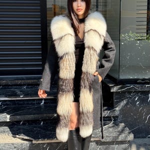 Black Long Alpaca Wool Coat With Fur Trim, Luxury Handmade Women Front Frost Fox Fur Jacket