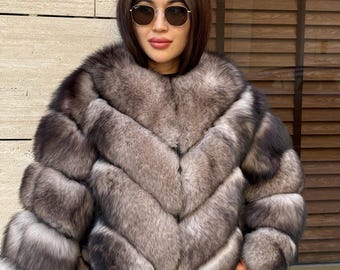 Women’s Luxury Fox Fur Jacket, Ombre Beige Handmade Short Women Fur Coat