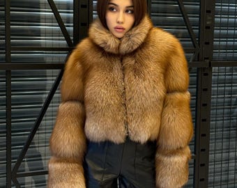 Women’s Golden Fox Fur Jacket, Handmade Short Cropped Gold Fur Coat