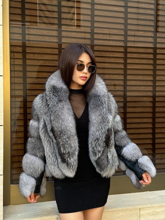 Chaqueta de piel de zorro plateado para mujer, abrigo corto de