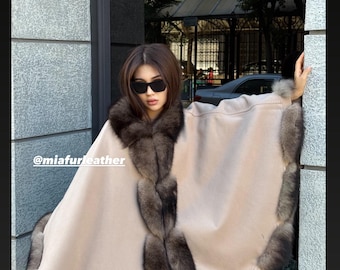 Luxury Zibellino Alpaca Cape , Women’s Handmade Sable Color Fox Fur Trim Shawl