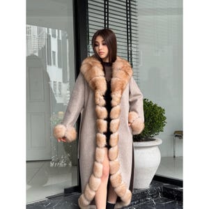 Beige Handmade Women Luxury Long Alpaca Coat With Fox Fur | Natural Alpaca Wool Coat | Soft & Warm – Handmade Women’s Outerwear | Gift ideas