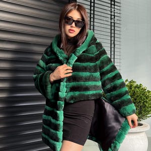 Green Luxury Handmade Women Chinchilla Pattern Rex Fur Coat With Hood | Soft Luxury Transformer Rex Fur Jacket Winter Outwear | Gift For Her