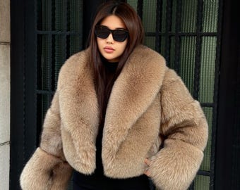 Women’s Camel Fox Fur Jacket: Handmade Luxury Short Winter Fur Jacket