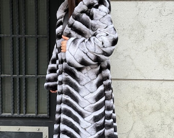 Gray Luxury Handmade Women Long Rex Fur has a chinchilla pattern Coat | Soft Luxury Genuine Rex Fur Coat With Hood Winter Outwear