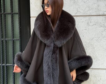 Brown Handmade Luxury Women Cashmere   Poncho with Real Fox Fur Jacket Trim | Soft Elegant Cape | Handmade Winter Wrap | Cashmere Wool Shawl