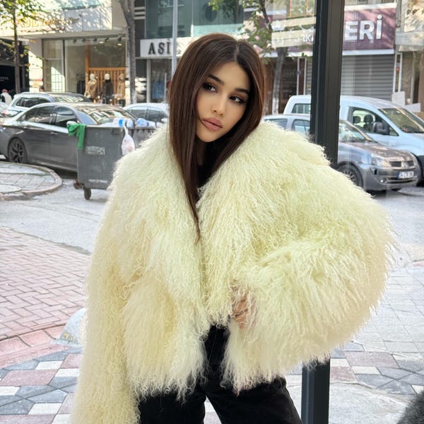 Ivory White Tibetan Fur Coat, Women’s Shaggy Lamb Fur Jacket, Mongolian Lamb Fur Coat, Longhair Lamb Fur Jacket