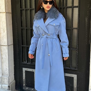 Blue Cashmere Wool Coat with Fox Fur Collar | Handmade Long Belted Winter Coat | Luxury Women’s Warm Elegant Outerwear | Custom Fit Overcoat
