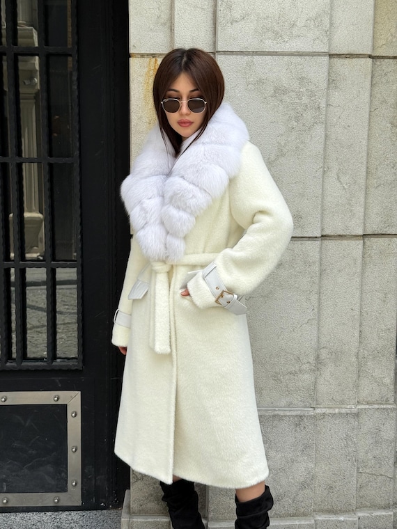 White Long Alcantara Coat, Handmade Collar White Shadow Fox Fur