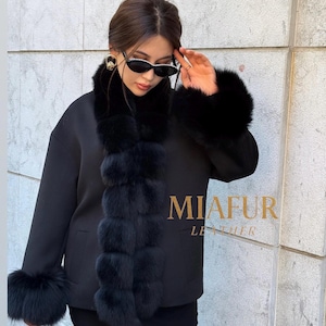 Black Cashmere Wool Jacket with Fox Fur Trim | Handmade Women’s Short Wool Coat | Luxury Winter Outwear | Designer Cashmere Fur Jacket