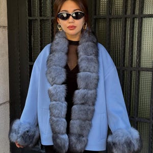 Blue Cashmere Wool Jacket with Fox Fur Trim | Handmade Women’s Short Wool Coat | Luxury Winter Outwear | Designer Cashmere Fur Jacket