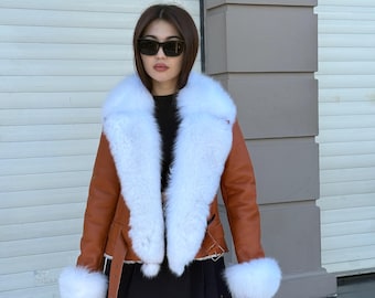 Copper Shearling Coat Women | Handmade Sheepskin Winter Jacket with Fox Fur | Genuine Slim Fit Pattern Shearling Coat | Luxury Fur Outerwear