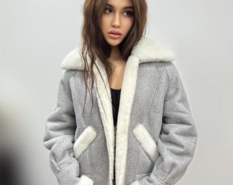 Gray Women’s Shearling Coat, Handmade Short Lamb Fur Jacket