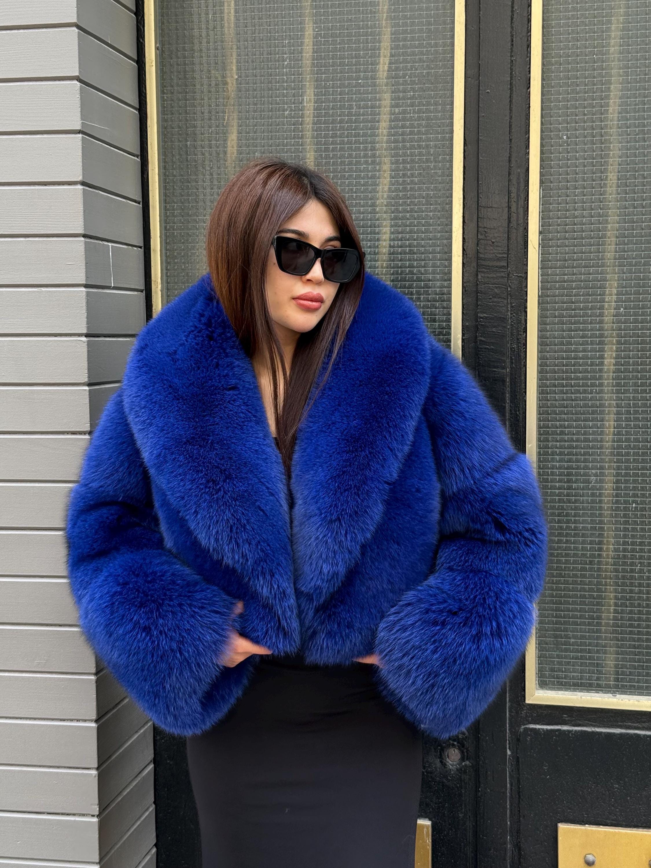 Sax Blue Fox Fur Jacket | Women Luxury Handmade Cropped Fur