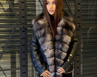 Handmade Black Shearling Front Fox Fur Jacket , Women Lamb Fur Coat