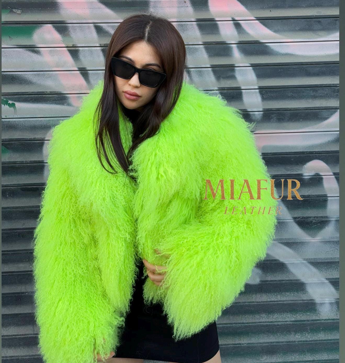 Damen Jacke Jacke Mit Pinkem Fell Grüne Jacke Mantel Mit Pinkem