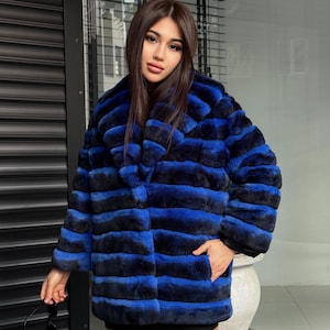 Sax Blue Handmade Luxury Chinchilla Pattern Rex Fur Coat, Blue Soft Rex Fur Jacket For Winter, Gift For Her, Transformer Rex Fur Coat