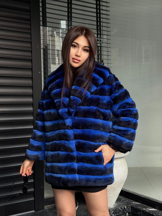 Cappotto in pelliccia di rex Sax Blue, fatto a mano, di lusso, con